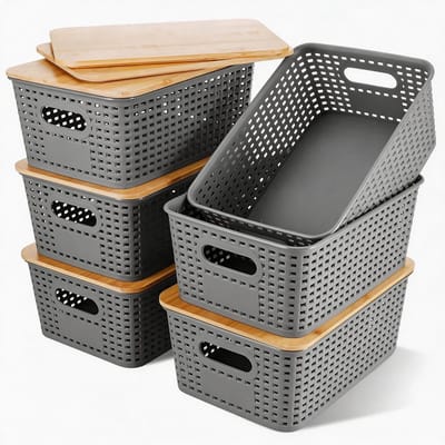 Dailygoods- Opbergdoos met bamboedeksel - Stapelbare opbergdozen - Lade-organizer - Keukenorganizer - Voedselveilig kunststof - 6 stuks, 28x26x19,5 cm - Opbergmand