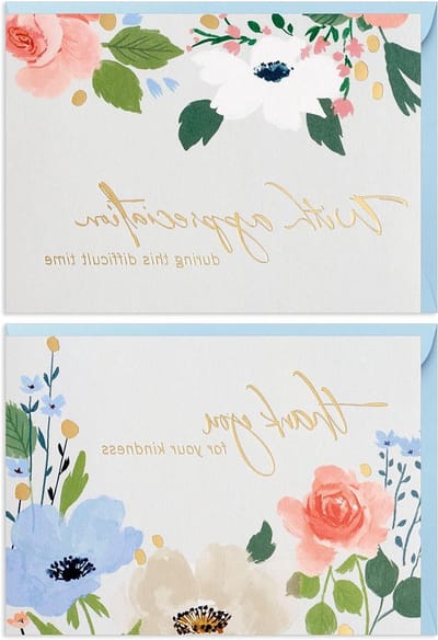 Bedankkaarten Set - Kaarten met Enveloppen - Dankbaarheid Tonen - Gouden Folie Bloemen - 50 Stuks - Hemelsblauw