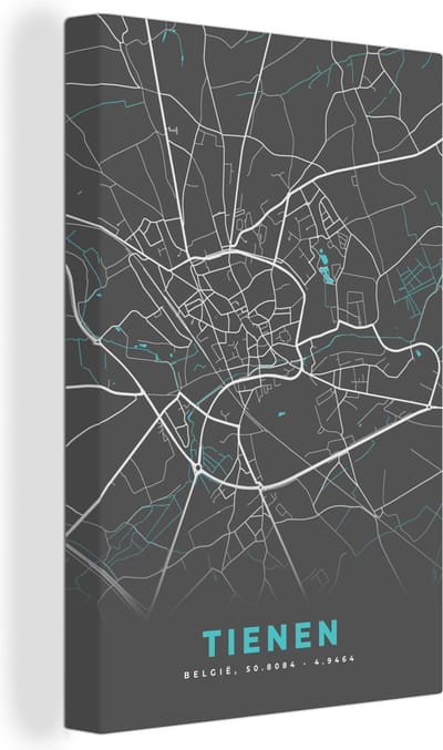 Canvas Schilderij Stadskaart – Grijs - Kaart – Tienen – België – Plattegrond - 20x30 cm - Wanddecoratie