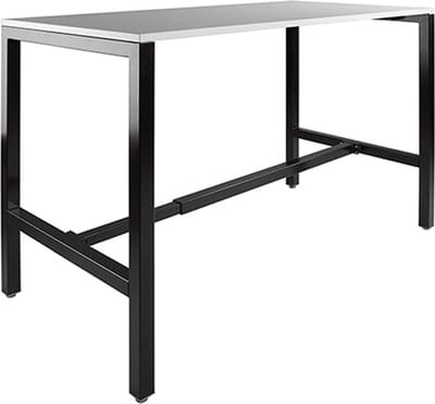 Domino Basic statafel, 160 x 80 cm., vaste hoogte 110 cm., uitgevoerd met versterkt H-onderstel met 50/50 mm. vierkante buispoten met steldoppen, onderstel staal aluminium RAL 9006, blad 25 mm. melamine havana/ kersen licht