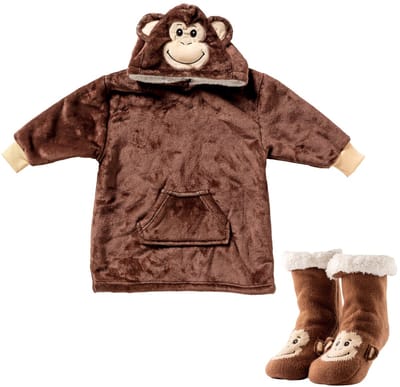 VOORDEELSET - 2-delig - Monkey - oversized hoodie en huissokken - kinderen - aap - Partridge - bruin