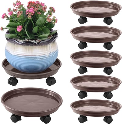 Set van 6 kunststof plantenbak met wielen - 12 inch rolplantenstandaards voor binnen en buiten