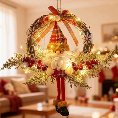 Door Wreath Christmas, 35 cm LED Christmas Decoration Door Wreath, Christmas Wreath for Front Door with LED Light - ShopVlot