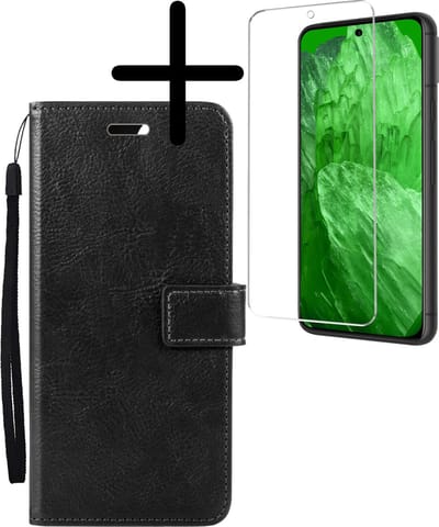 Hoesje Met Screenprotector - Geschikt voor Google Pixel 8a - Luxe Pasjeshouder - Bookcase Portemonee - Flip Case - Kunstleer Book Case - Flipcase - Book Cover - Walletcase - Portemonneehoes - Zwart