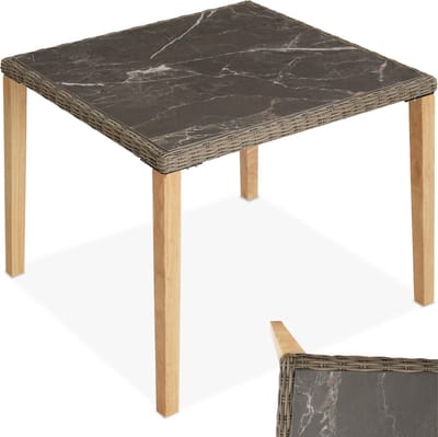 tectake® Wicker vierkante tafel - Tafelblad in marmerlook - Eettafel voor buitenkeuken - Tuintafel - Modern en weerbestendig - Tafelframe van aluminium en hout - Afmetingen (LxBxH) 93,5 x 93,5 x 75 cm - Lichtbruin