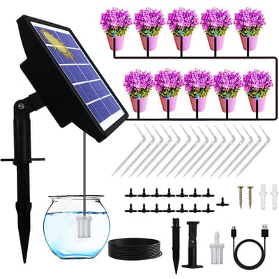Kit d'irrigation goutte à goutte automatique solaire Système d'irrigation alimenté par énergie solaire Anti-siphon pour Jardin Balcon Minuterie 1-600s Dispositif d'arrosage automatique DIY Facile noir