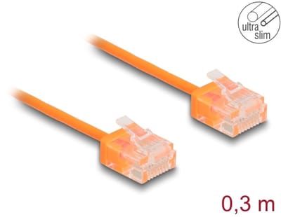 Delock RJ45 Network Cable Cat.6 UTP Ultra Slim 0.3 m orange with short plugs