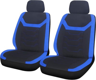 Famanu - Voorstoelhoezen set ‘Finsbury’, universele pasvorm voor auto’s en bestelwagens – zwart met blauwe inzetstukken