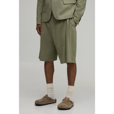 Linnen-look Wide Fit Plooifront Getailleerde Jorts | Olive | Size 28