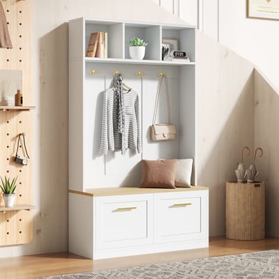 MODENUIT Garderobeset - Met Zitbank, Schoenenrek En Opbergvakken Voor Hal En Gang - Houtlook Wit - 105x40x180 Cm
