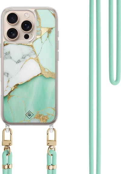 Casimoda® hoesje met koord - Geschikt voor iPhone 16 Pro Max - Marmer Mintgroen - Afneembaar koord - TPU/polycarbonaat - Mint