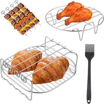 Set van 2 Air Fryer Accessoires, RVS Gelaagde Grillrooster en Damprek voor Dubbele Mand Airfryers, Inclusief Dehydrator Rek met 4 Grillspiesen en 1 Oliekwast - Perfect voor Gezond Koken en Grillen