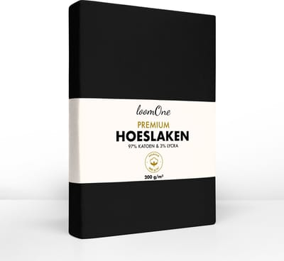 Loom One Premium Hoeslaken – 97% Jersey Katoen / 3% Lycra – 180x220 cm – tot 40cm matrasdikte– 200 g/m² – voor Boxspring-Waterbed - Zwart