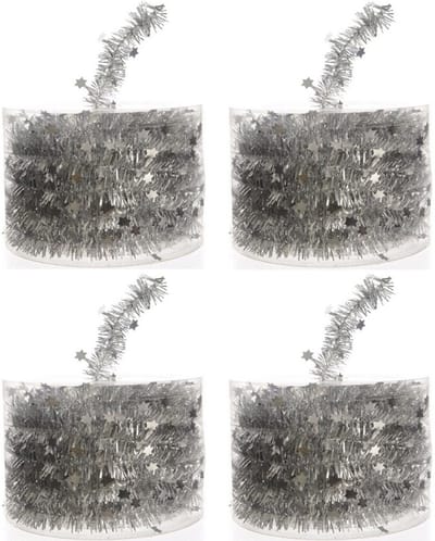 Decoris Kerstslinger - 4x - guirlande - met sterren - zilver - glanzende lametta - 700 cm