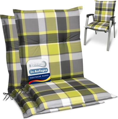 Beautissu Sunny GR – Set van 2 Tuinkussens Lage Rug 100x50 cm met UV-lichtechtheid Comfortabele Tuinstoel Zitkussen Groen geruit