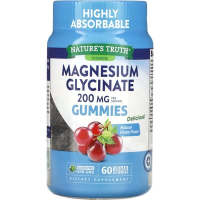 Nature's Truth, glycine magnesium gummies, natuurlijke druivensmaak, 200mg, 60 veganistische gummies (100mg per gummy)
