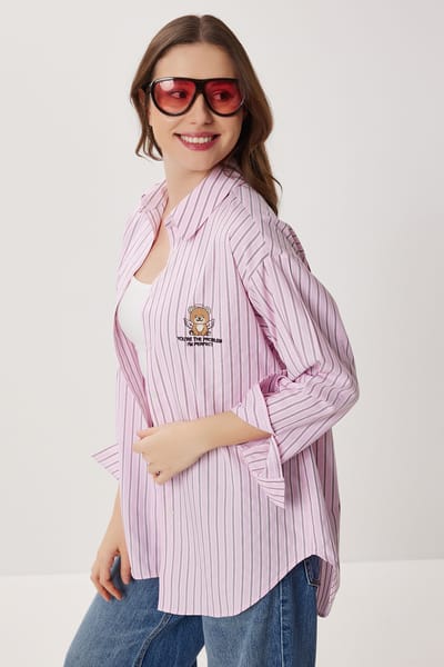 Oversized Gestreepte Poplin Shirt met Borduursel