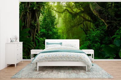 Behang - Fotobehang Landschap - Jungle - Tropisch - Zon - Groen - Breedte 535 cm x hoogte 300 cm