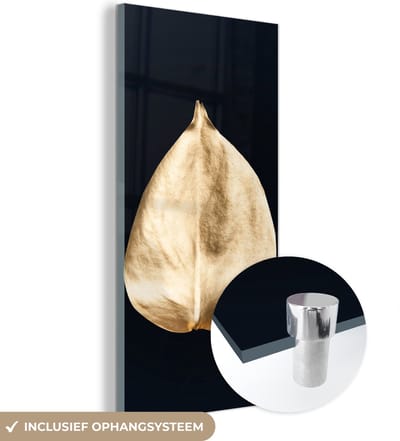 MuchoWow® Glasschilderij 60x120 cm - Schilderij acrylglas - Bladeren - Black en gold - Zwart - Goud - Luxe - Foto op glas - Schilderijen