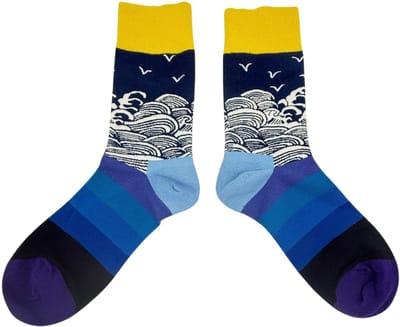 Tutti Footi - Sokken met Golven en Zeelucht Motief – Maat 38-43 – Blauw Geel, aquatisch, zee, water