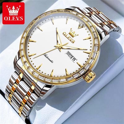 HO-7019.gz : Olevs zilvergoudkleurig tourbillon/mechanisch edelstaal heren horloge, zilvergoudkl wijzerplaat, luminiscerend, dagnaam, kalenderdag, zirkonia's
