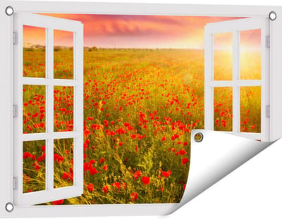 Gards Tuinposter Doorkijk Rode Klaproos Bloemenveld - Zonsondergang - 60x40 cm - Tuindoek - Tuindecoratie - Wanddecoratie buiten - Tuinschilderij