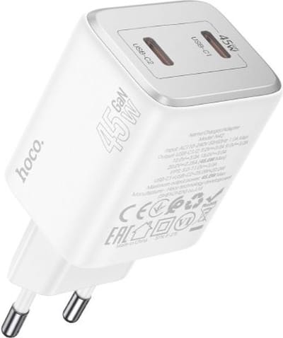 Hoco - 45W USB C Oplader - Snellader Geschikt voor iPhone en Samsung - Dubbele USB C Adapter - Wit
