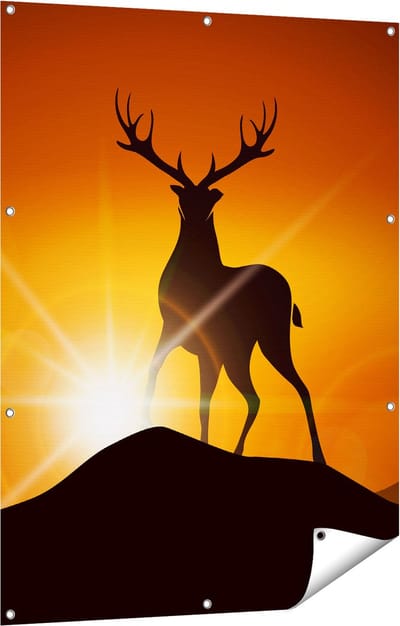 Gards Tuinposter Hert op een Berg - Abstract - Silhouet - 90x120 cm - Tuindoek - Tuindecoratie - Wanddecoratie buiten - Tuinschilderij