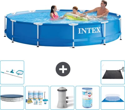 Intex Rond Frame Zwembad - 366 x 76 cm - Blauw - Inclusief Afdekzeil - Onderhoudspakket - Zwembadfilterpomp - Filter - Grondzeil - Schoonmaakset - Solar Mat - 8-delig