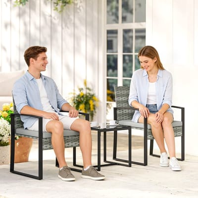 MIVRAY Bistroset 3-Delig 2-Persoons - Met Tafel En Stoelen Voor Balkon En Terras - Staal En Kunstrotan - Lichtgrijs