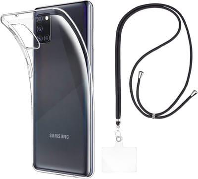 Set met hoesje en nekband voor Samsung Galaxy a31 - Flexibele, transparante TPU-bescherming, verstelbare universele nekband voor mobiele telefoons, zwarte nekband, transparante draagriem van Phonillico®