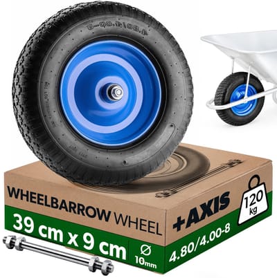 KADAX kruiwagenwiel 390 x 90 mm met as, aluminium velg en kunststof band, reservewiel 4.80/4.00-8 voor kruiwagens, kruiwagenwiel met asgat van 20 mm