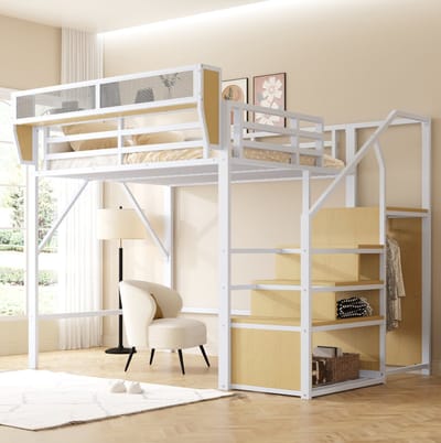 MEUNIQ hoogslaper 140x200 cm met veiligheidsladder en verstelbaar opbergrek, metalen bedframe met 140 cm vrije ruimte eronder, slaapkamer of studentenkamer, wit