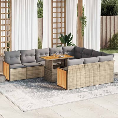 vidaXL - 11-delige - Tuinset - met - kussens - poly - rattan - acacia - beige