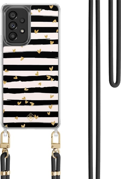 Casimoda® hoesje met koord - Geschikt voor Samsung A53 - Hart Streepjes - Afneembaar koord - TPU/polycarbonaat - Zwart