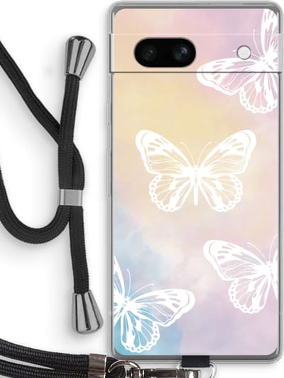 Case Company® - Hoesje met koord geschikt voor Google Pixel 7A hoesje met Koord - White butterfly - Telefoonhoesje met Zwart Koord - Bescherming aan alle Kanten en Over de Schermrand