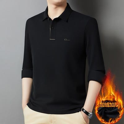 Naadloos en Velvet Poloshirt voor Heren Herfst en Winter Casual Revers Print Dik Shirt Lange Mouw Basis Shirt voor Heren 58/4XL black