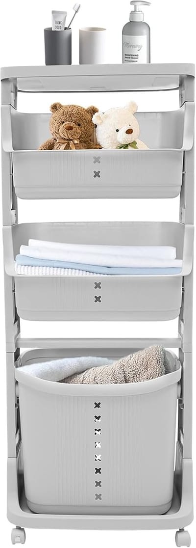 Wasmand met vakken - Kledingmand - Sorteren Wasgoed - Met 4 wielen - 43 x 29 x 115.5 cm - Grijs