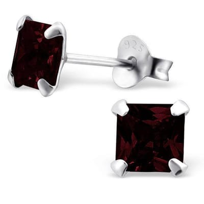 Aramat Jewels | Oorbellen | 925 Zilveren Vierkante Zirkonia Oorbellen 4-8mm - Princess Cut Studs | 5mm / Donker Rood | | | Zilver | Kinderen, Volwassenen | Verkleurd niet