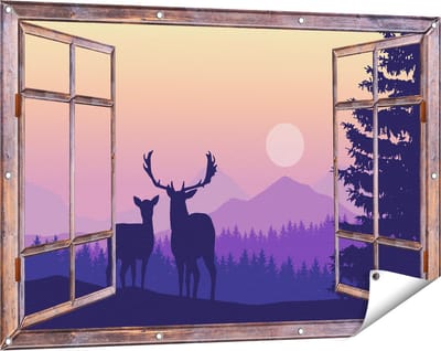 Gards Tuinposter Doorkijk Twee Herten - Zonsondergang - Silhouet - 120x80 cm - Tuindoek - Tuindecoratie - Wanddecoratie buiten - Tuinschilderij
