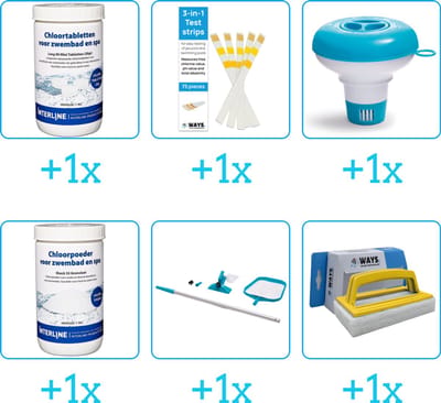 Zwembad Onderhoudspakket - Onderhoud Zwembad - bevat Chloor - Testrips - Chloordrijver - Chloor - Schoonmaakset en Scrubborstel (6-delig)