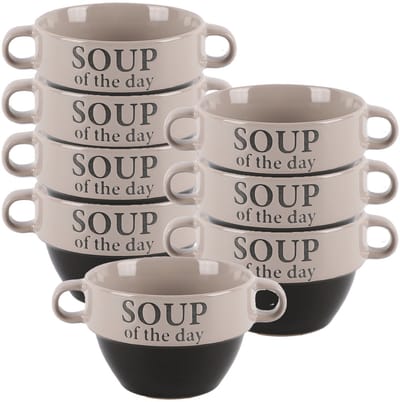 Bellatio Design Soepkommen - 8x - 500 ml - Soup of the day - keramiek - D12 x H8 cm - grijs - Stapelbaar