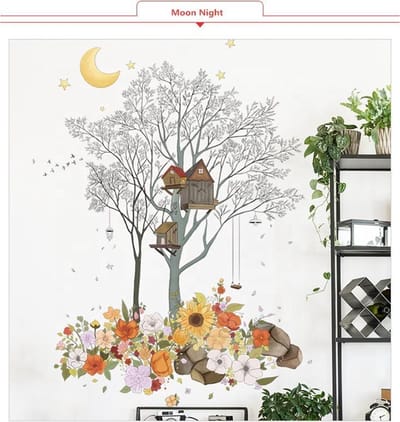 Muursticker | Boomhuis | Maan | Bloemen | Wanddecoratie | Muurdecoratie | Slaapkamer | Kinderkamer | Babykamer | Jongen | Meisje | Decoratie Sticker
