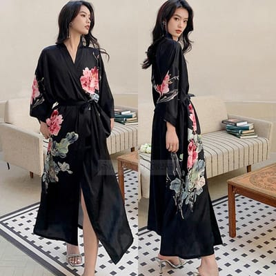 Nieuwe Lente Zomer Dames Lange Badjas Nachthemd Sexy Print Bloem Kimono Badjas Gewaad Casual Zijde Satijn Huisjurk Loungekleding One Size black