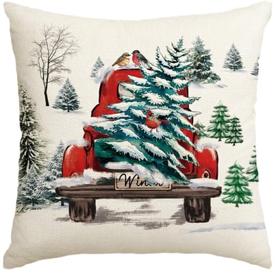 Dailygoody - Aquarel sneeuw vrachtwagen kussensloop - Winter decoratie - 50x50 cm - Sierkussenhoes - Modern en warm - Geschikt voor woonkamer en slaap...