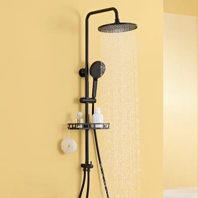 Auralum Max Regendouche - Doucheset Zwart - met Opslagplank - Ø 25CM - Verstelbare Hoogte 72-110 cm - 4 Standen Handdouche - Duurzame Messing Omsteller voor Badkamer - Zwart