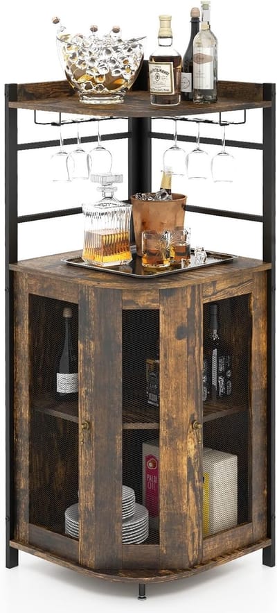 COSTWAY Industriële barkast, wijnkast met glashouder, huisbar van metalen frame, hoekkast keuken, 46 x 46 x 130 cm (donkerbruin)