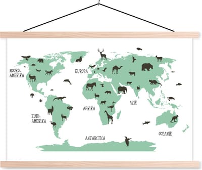 Kinder Wereldkaart Dieren schoolplaat platte latten blank 150x100 cm - Foto print op textielposter (wanddecoratie woonkamer/slaapkamer)