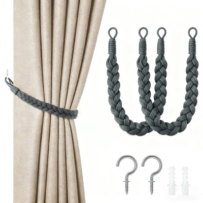 2-pack gordijnbanden - 60cm gordijnkoordgesp - handgeweven gordijnbanden - gedraaide gordijnbanden - met haken - geschikt voor thuis, kantoor, woonkamer, slaapkamer
