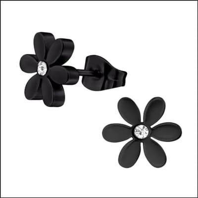 Aramat Jewels | Oorbellen | Stalen Oorbellen Bloem - Perfect Cadeau! | Bloem-Zwart-zirkonia-10mm | |7mm | Staal | Volwassenen | Verkleurd niet